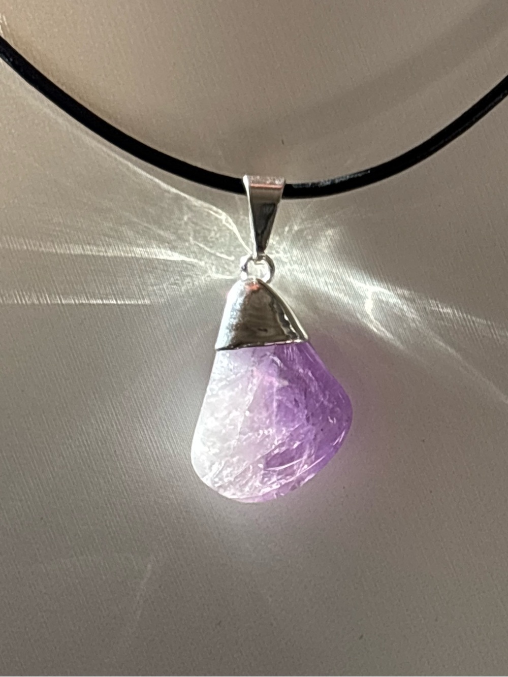 Silver-Capped Amethyst Gemstone Pendant Necklace | Leather Cord 925 Finishing